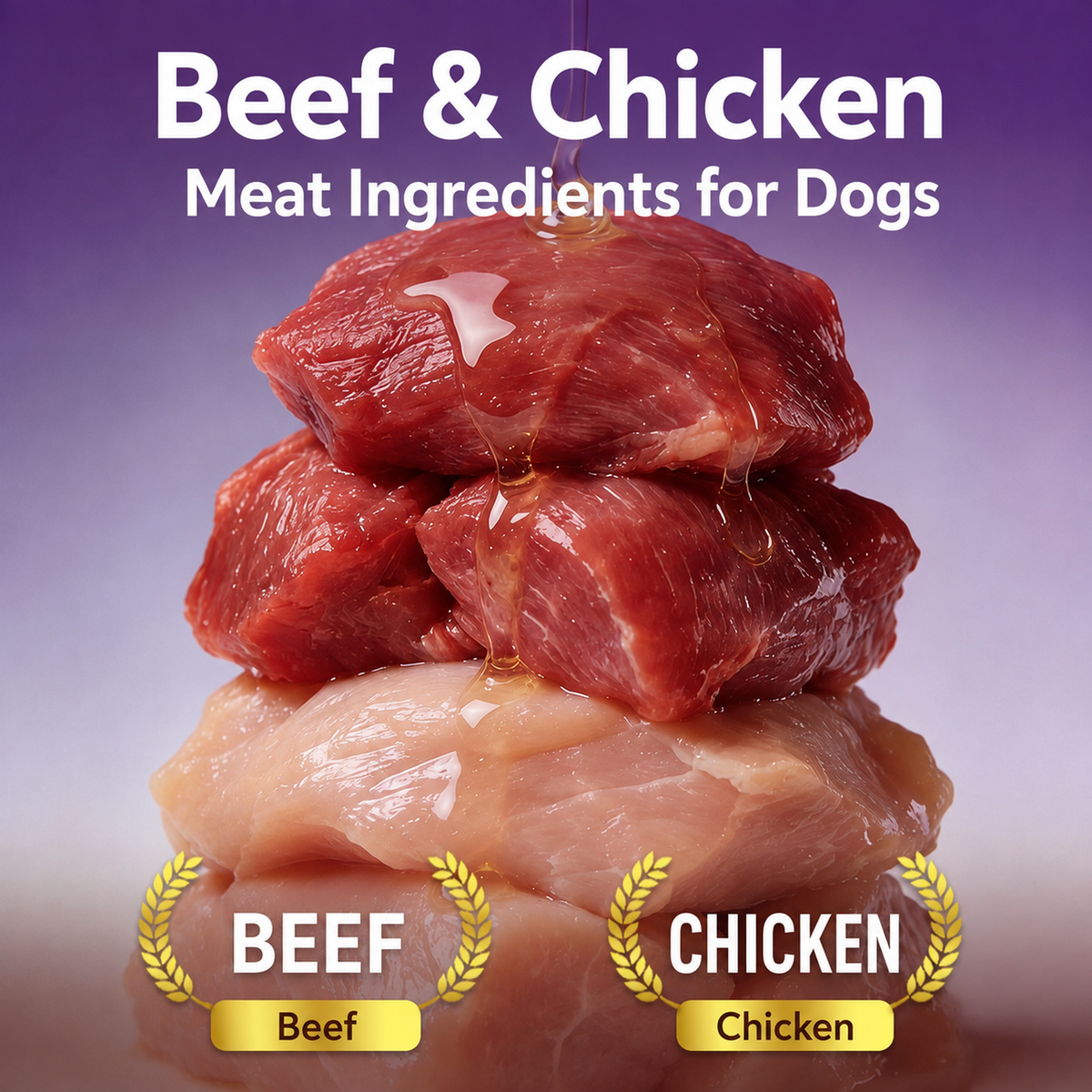 Beef and chicken ingredient photographs stacked against a purple background with simple English ingredient labels.