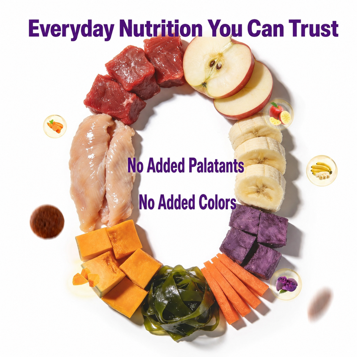 Dog food ingredient display with meat, produce, and English callouts for no added palatants or colors.