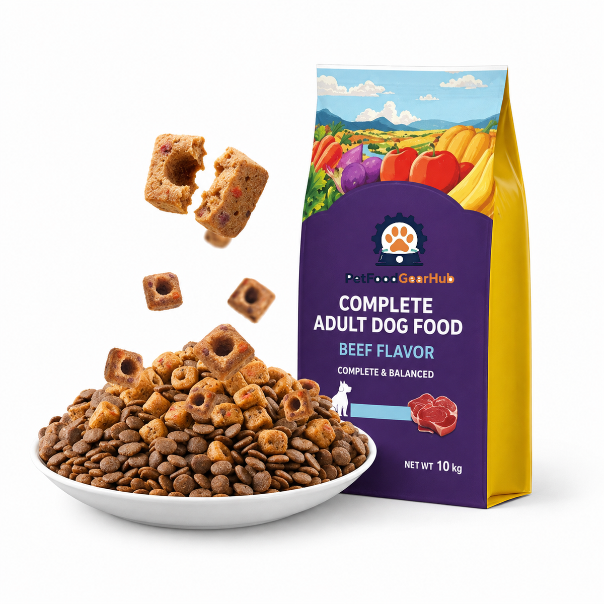 Neutral product view of the PetFoodGearHub purple-and-yellow 10 kg beef-flavor adult dog food bag.