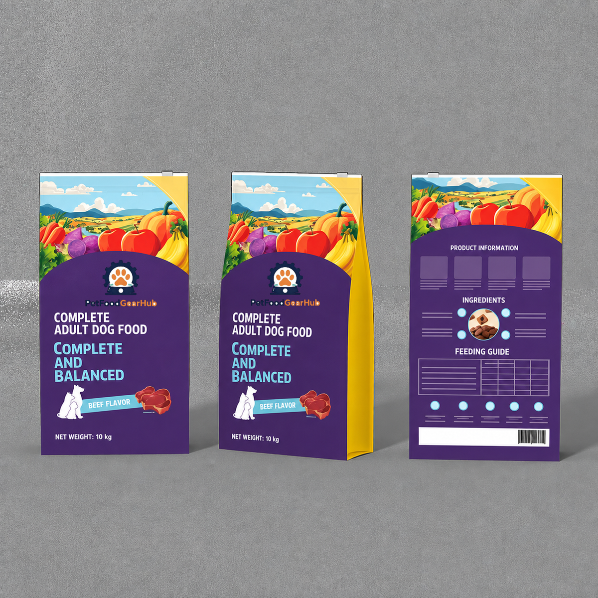 Front, angled front, and back views of a purple-and-yellow 10 kg beef-flavor dog food bag with English labeling.