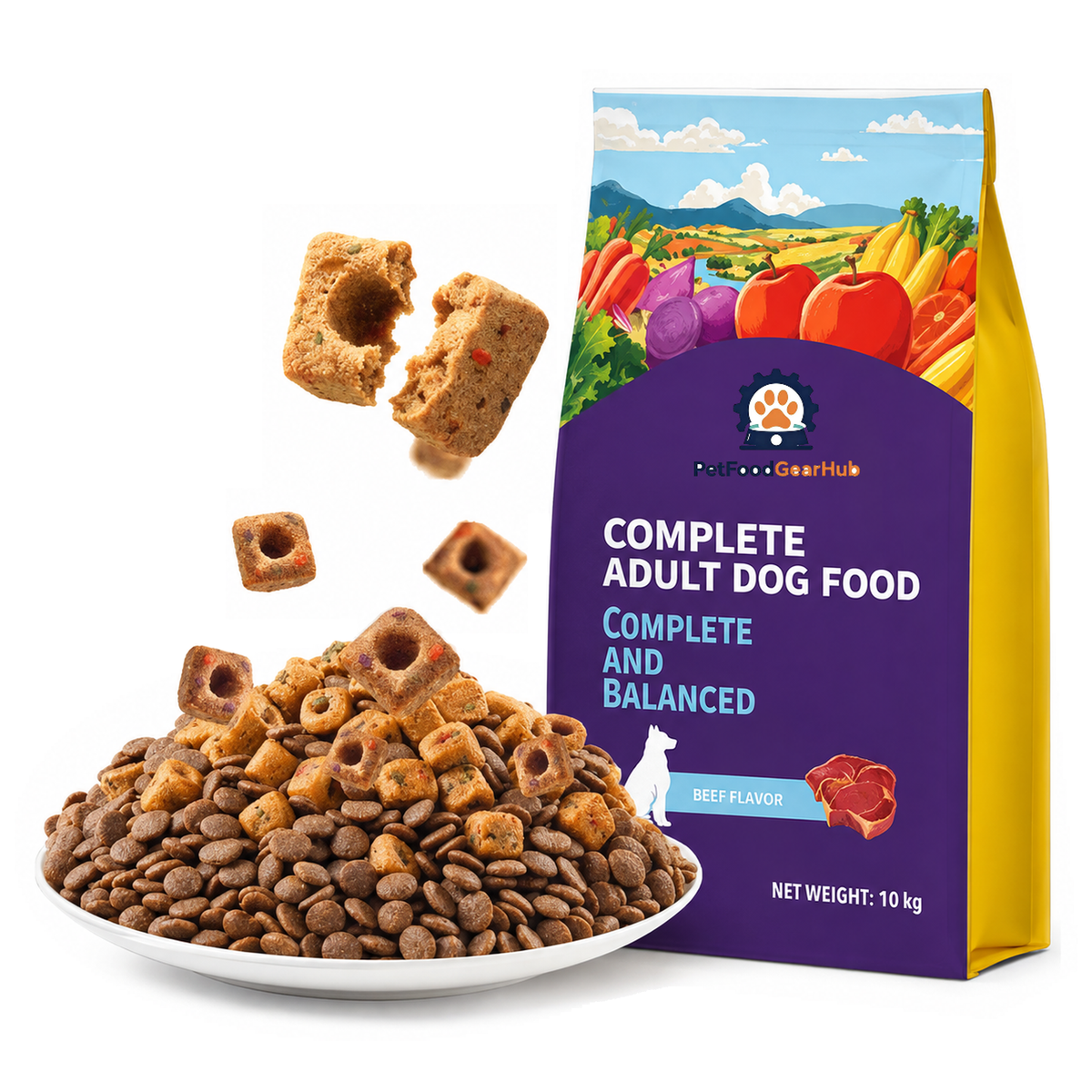 PetFoodGearHub beef-flavor complete adult dog food in a purple-and-yellow 10 kg bag beside a bowl of kibble.