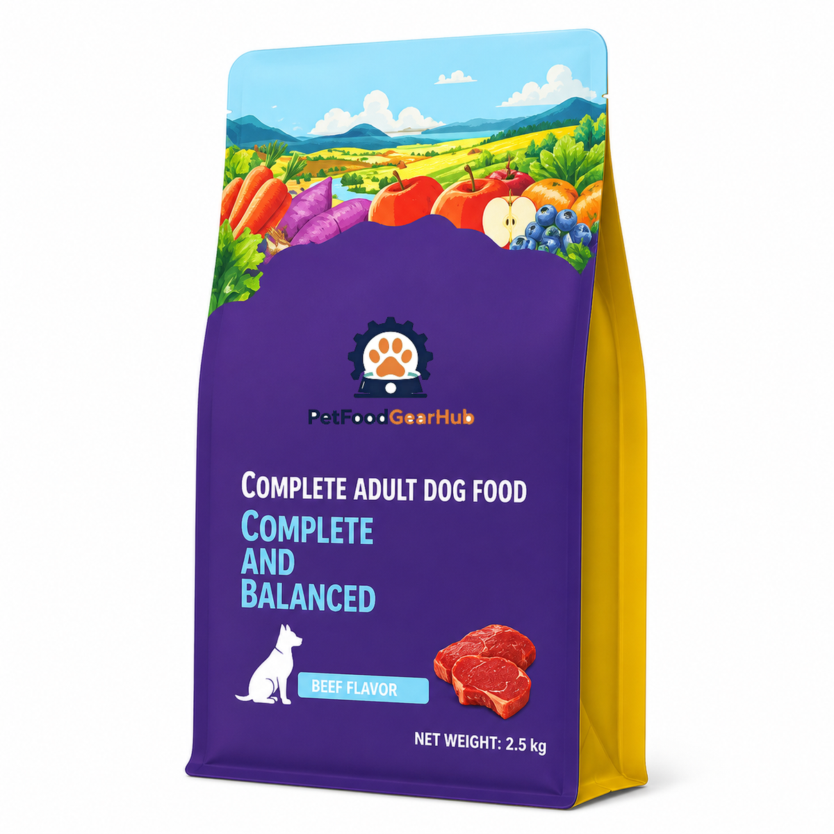 PetFoodGearHub beef-flavor complete adult dog food in a purple-and-yellow 2.5 kg bag with fruit and vegetable artwork.
