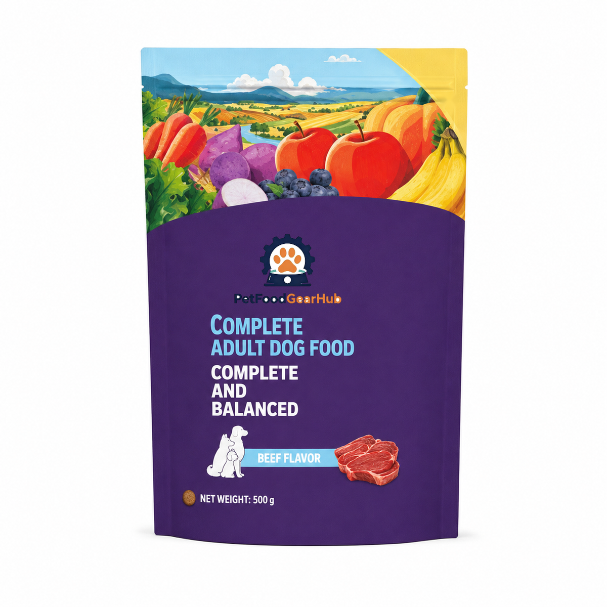 PetFoodGearHub beef-flavor complete adult dog food in a purple-and-yellow 500 g pouch with landscape artwork.