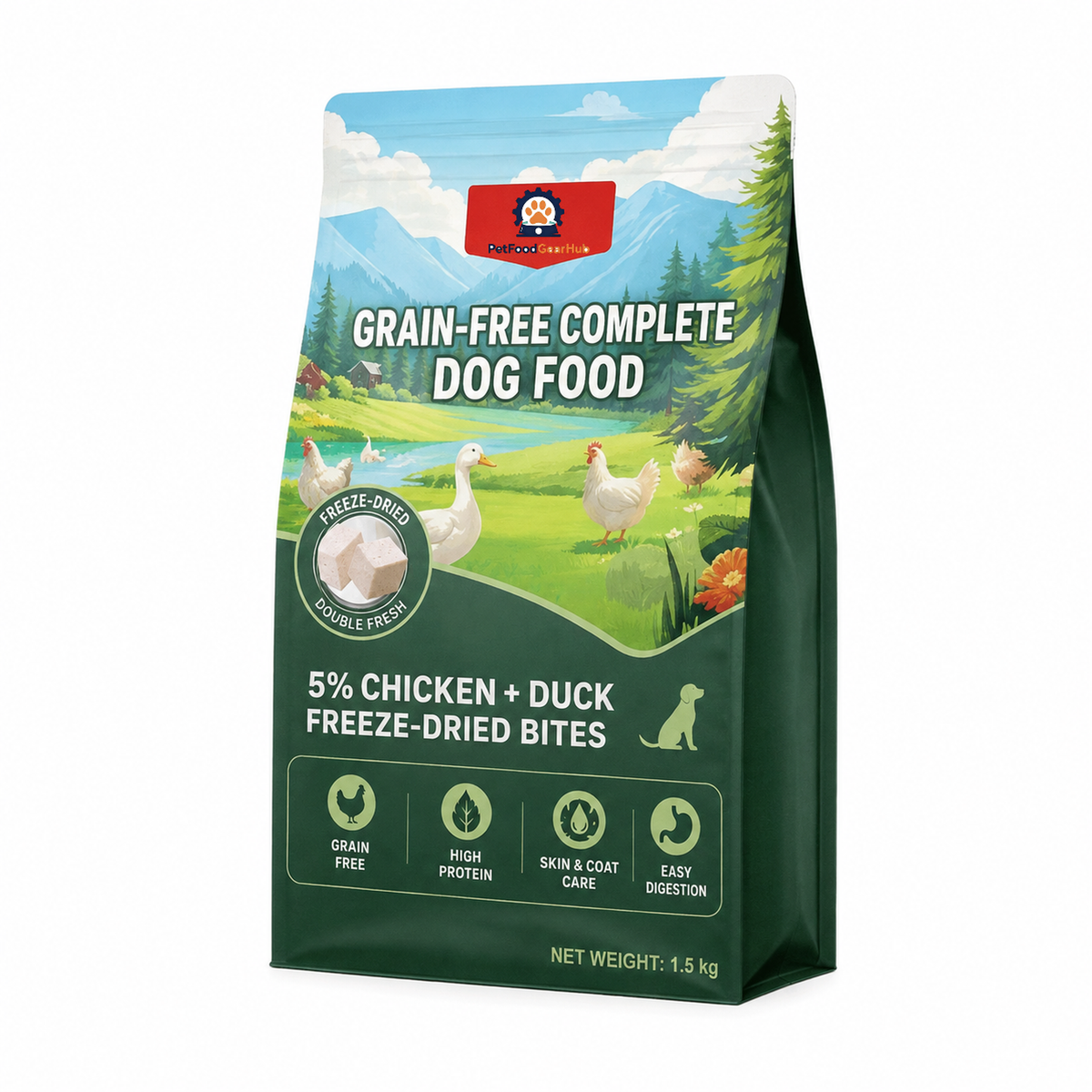 PetFoodGearHub chicken-and-duck 1.5 kg dog food bag with farm landscape artwork and freeze-dried meat callouts.