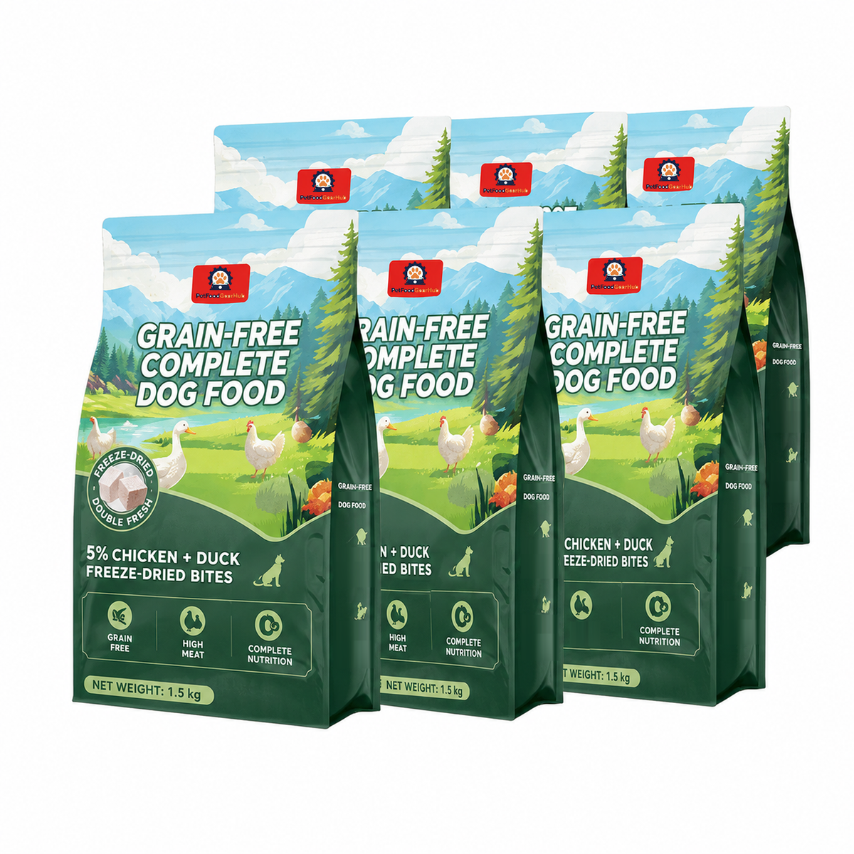 Grouped green 1.5 kg chicken-and-duck dog food bags with farm illustrations and freeze-dried ingredient graphics.