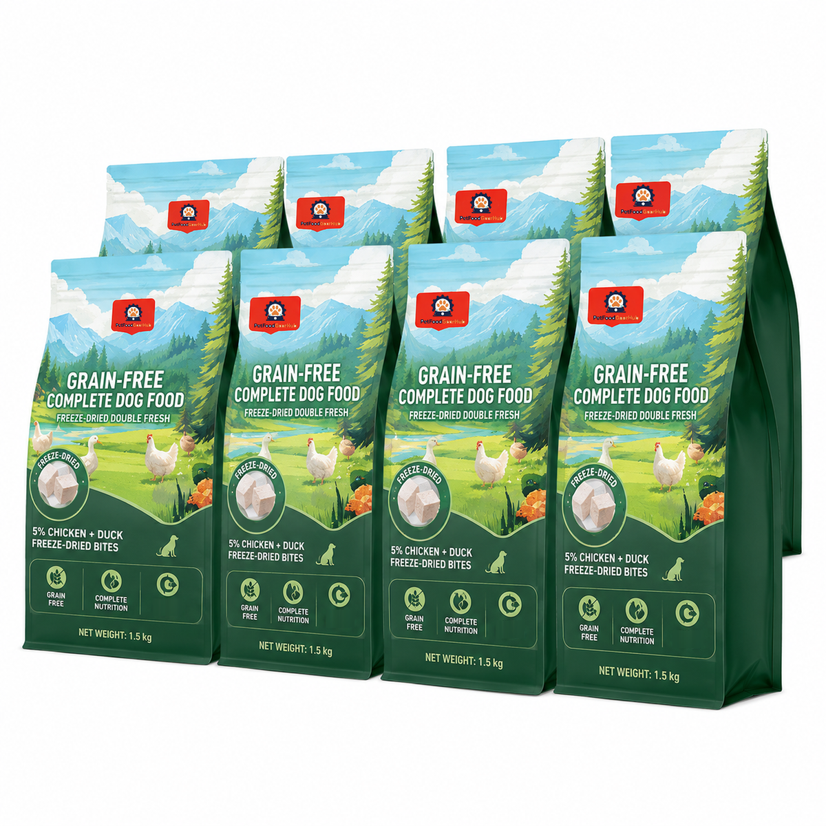 Overlapping green 1.5 kg chicken-and-duck dog food bags featuring a farm landscape and freeze-dried meat pieces.