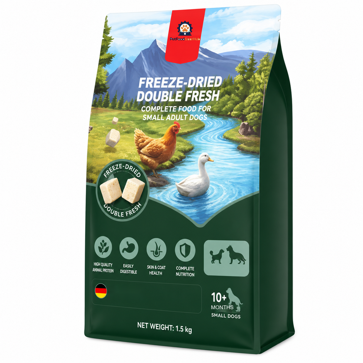 PetFoodGearHub 1.5 kg chicken-and-duck food for small adult dogs, with river, mountain, chicken, and duck artwork.