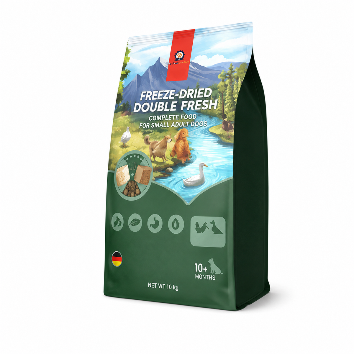 PetFoodGearHub 10 kg chicken-and-duck food for small adult dogs in a green bag with mountain and river artwork.
