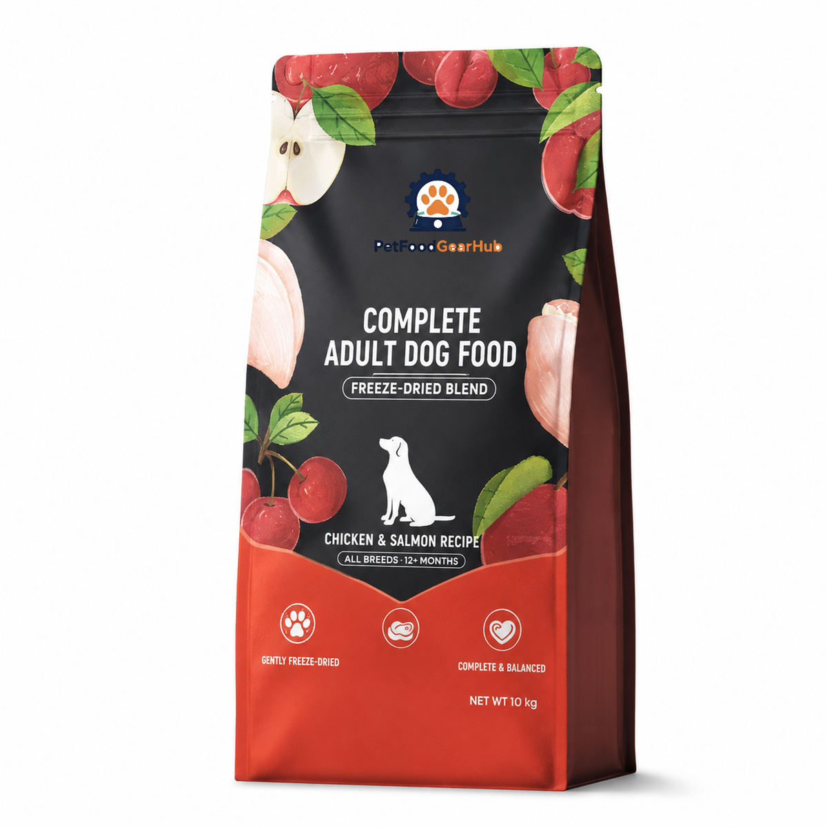 PetFoodGearHub chicken-and-salmon adult dog food in a black-and-red 10 kg bag with apple and meat illustrations.