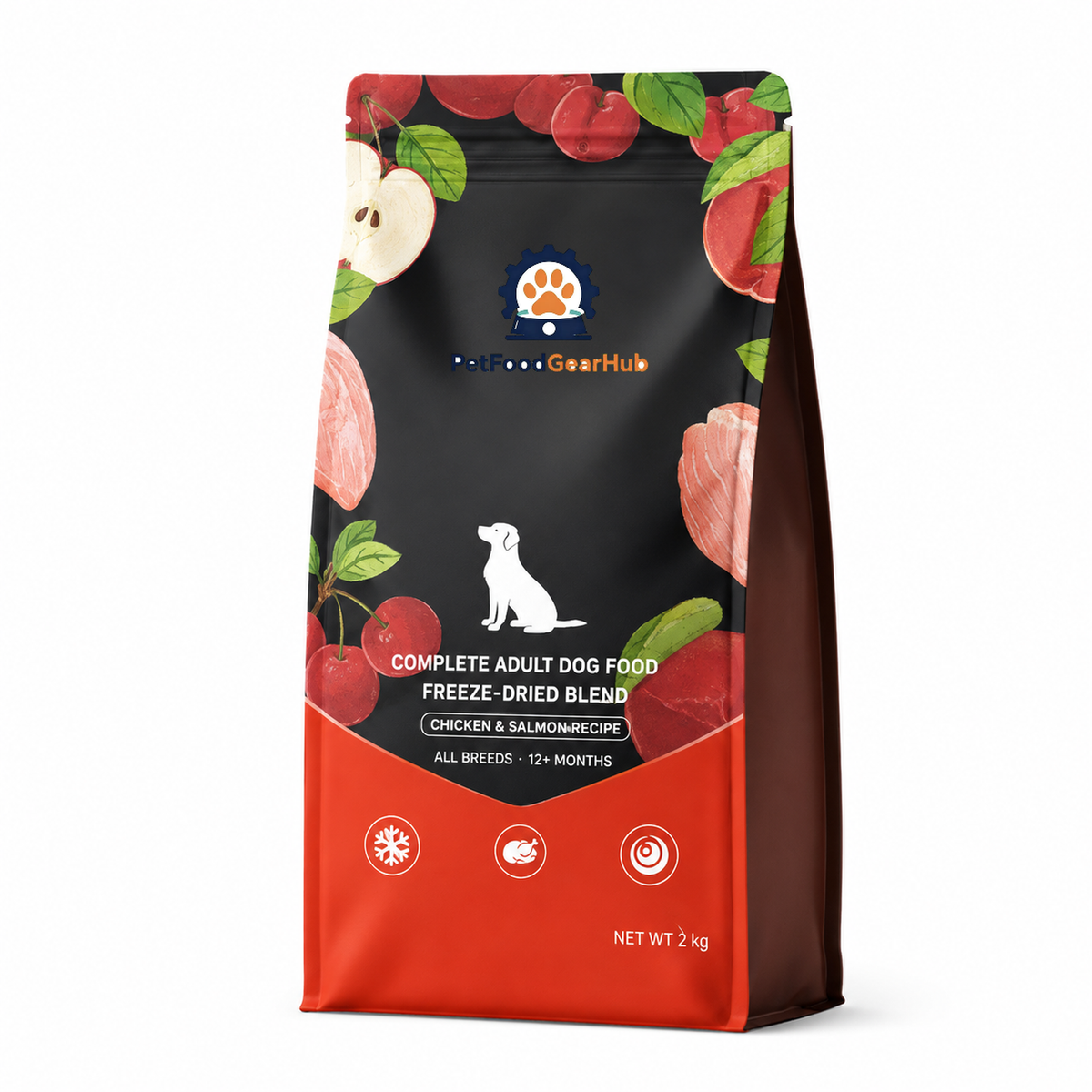 PetFoodGearHub chicken-and-salmon adult dog food in a black-and-red 2 kg bag with apple and meat illustrations.