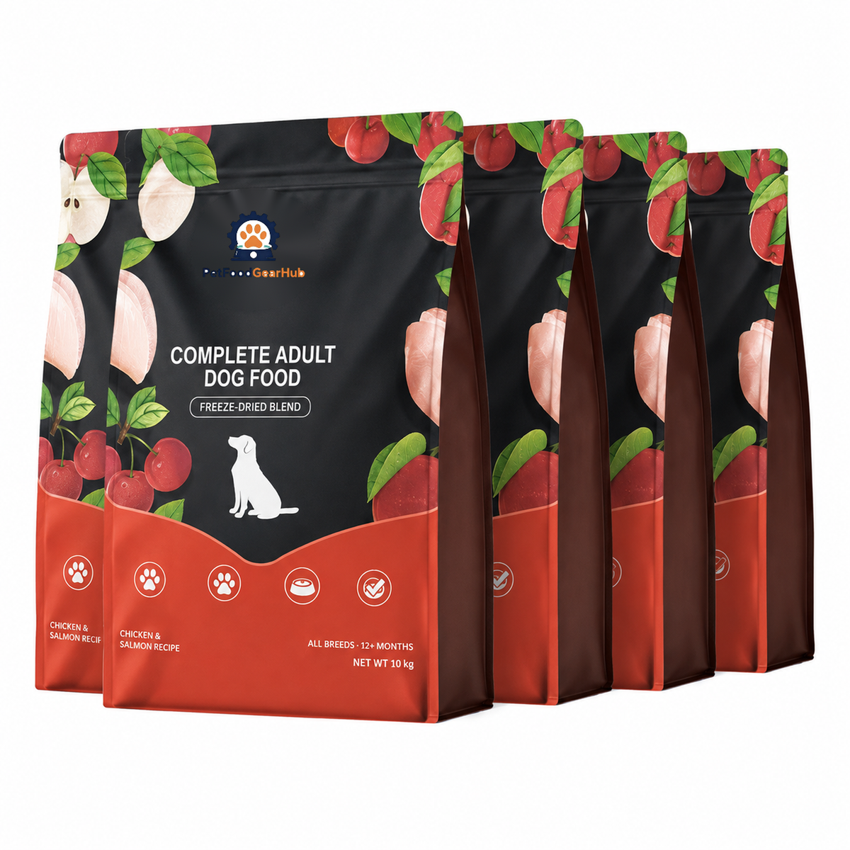 Overlapping black-and-red chicken-and-salmon adult dog food bags, with the visible front bag labeled 10 kg.