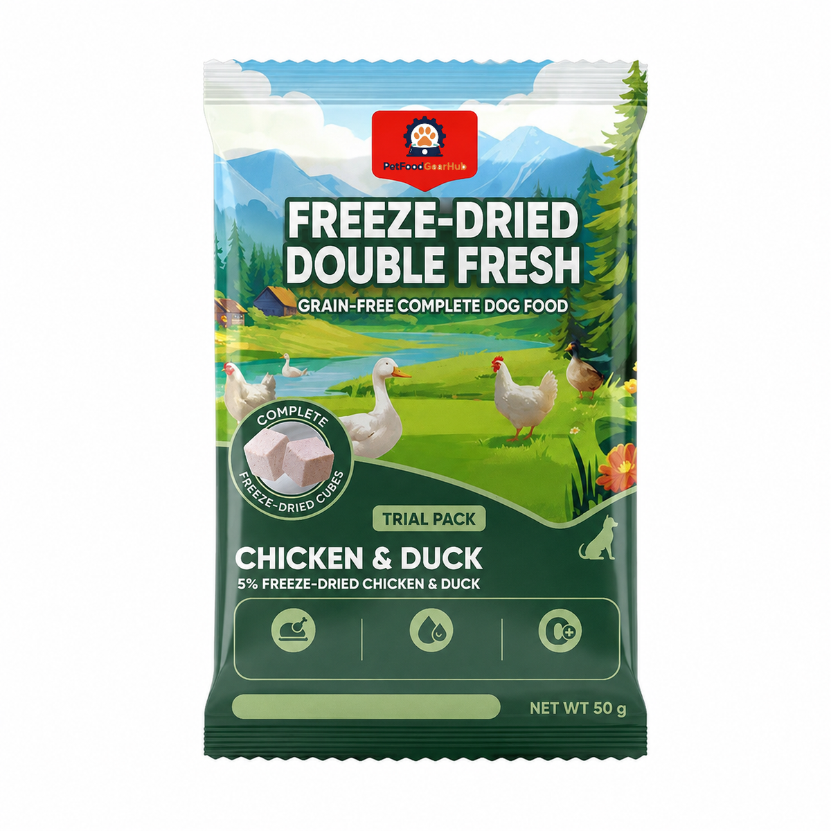 PetFoodGearHub 50 g chicken-and-duck dog food pouch with green mountain, river, chicken, and duck artwork.