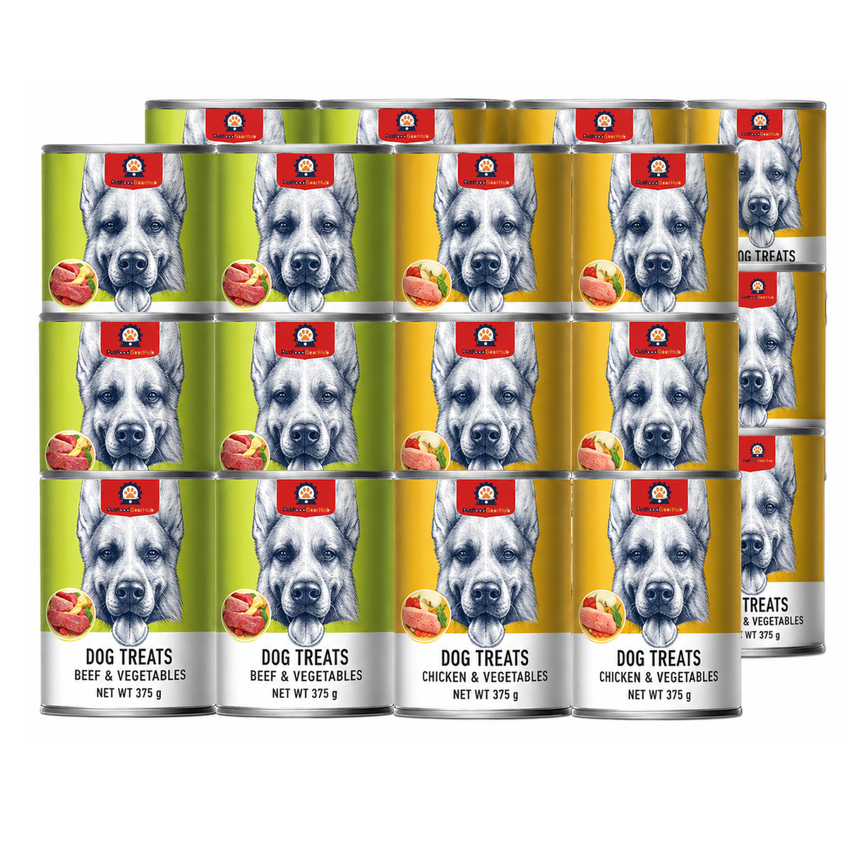Stacked PetFoodGearHub 375 g beef-and-vegetable and chicken-and-vegetable cans with German Shepherd label artwork.