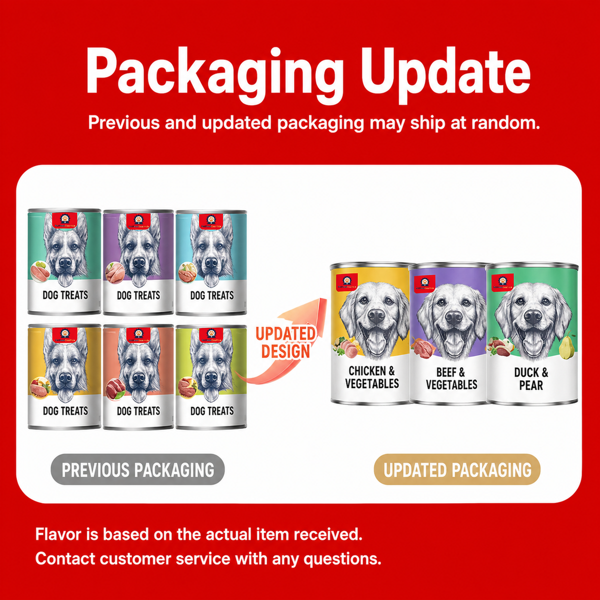 Old and new dog food can packaging comparison, showing German Shepherd and Golden Retriever label designs.