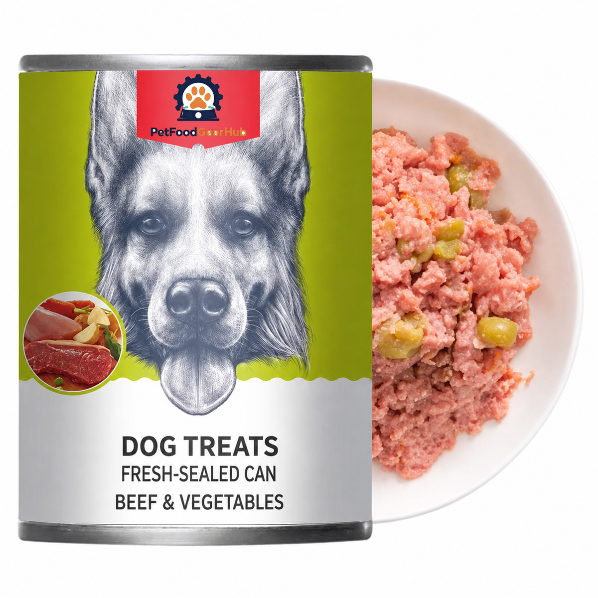 PetFoodGearHub beef-and-vegetable dog food can with green German Shepherd artwork beside a plate of wet food.