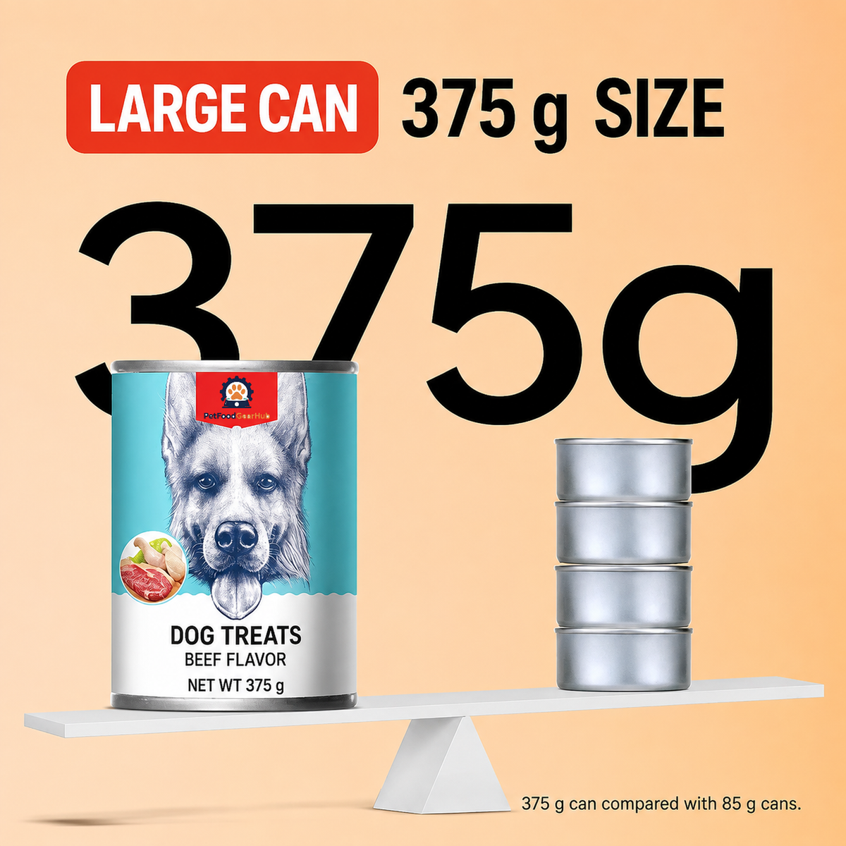 Dog food can size comparison showing a 375 g can beside four 85 g cans against a peach background.