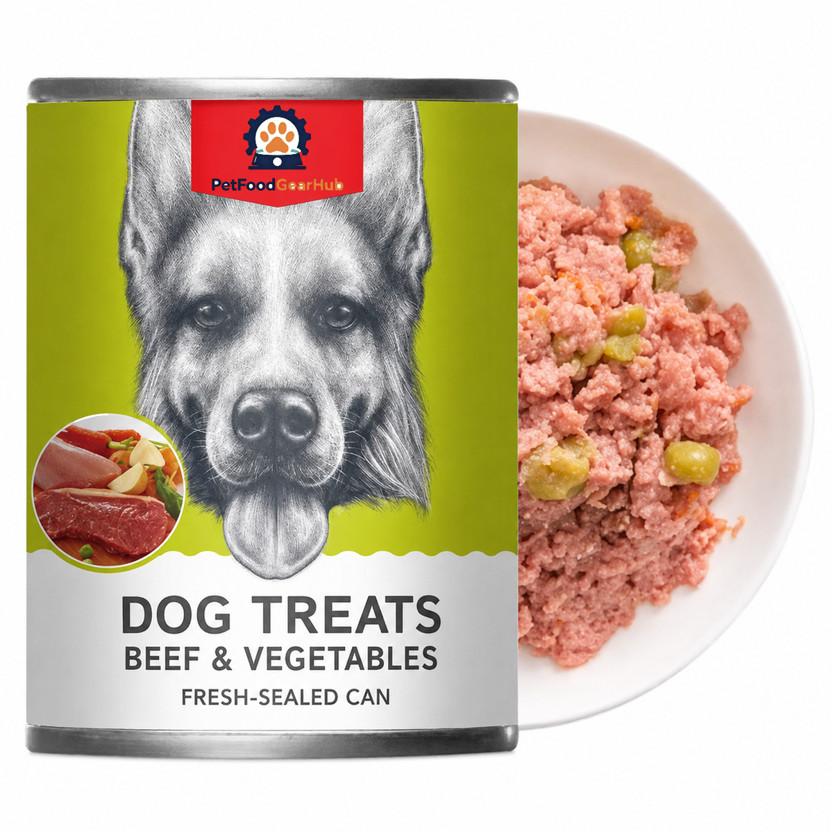 Neutral product view of the green beef-and-vegetable dog food can beside a plate of wet food.