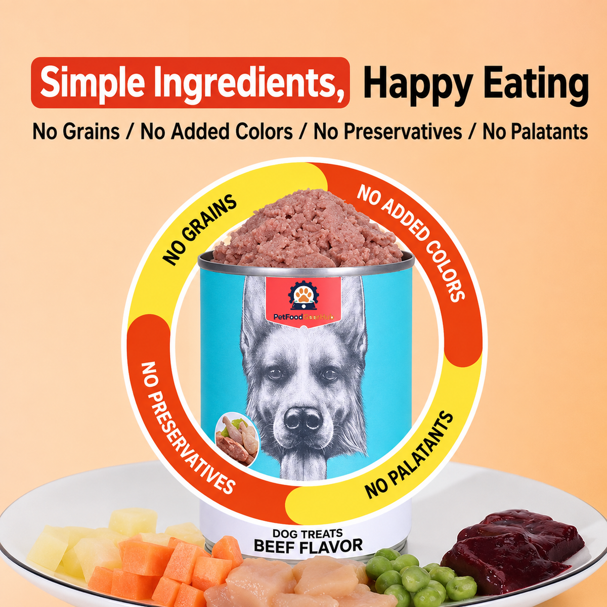 Open beef-flavor dog food can surrounded by ingredient graphics and no-grain, no-color, and no-preservative callouts.