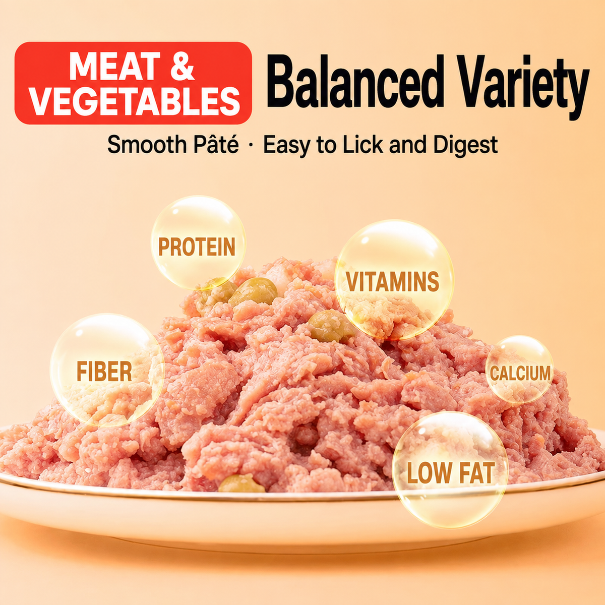 Plate of wet dog food surrounded by English callouts for protein, vitamins, fiber, calcium, and low fat.