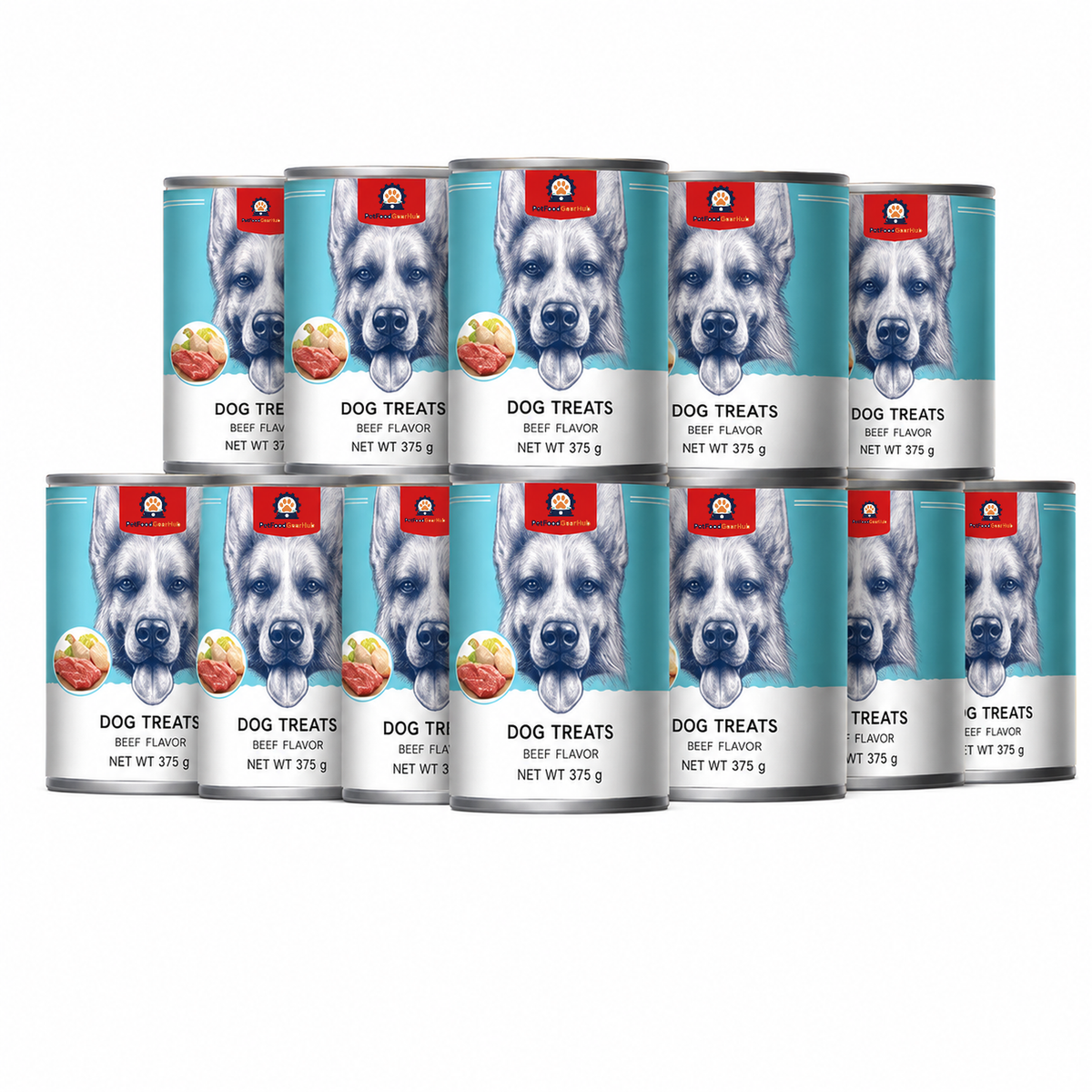 Grouped cyan PetFoodGearHub 375 g beef-flavor dog food cans with German Shepherd portraits and meat illustrations.