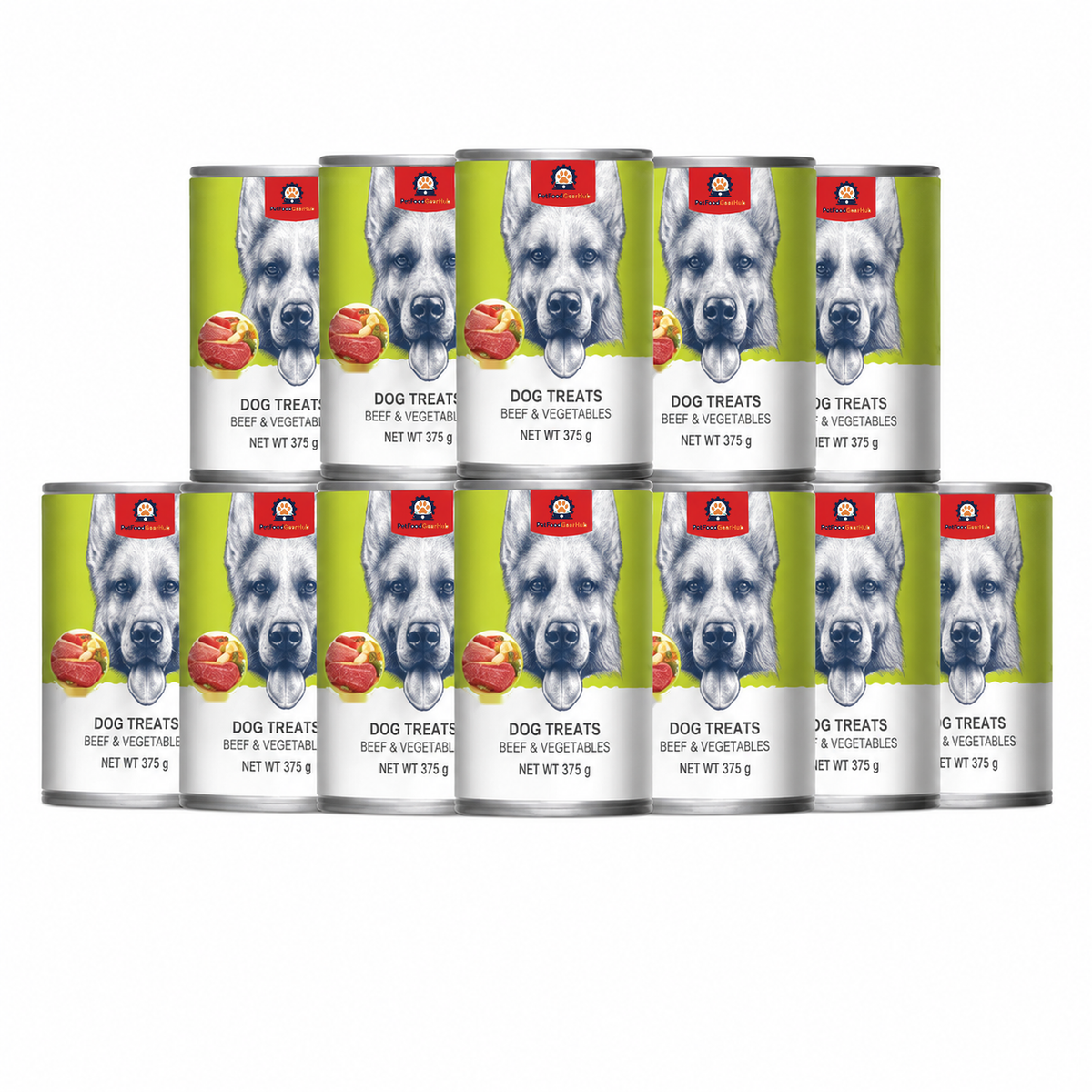 Grouped lime-green PetFoodGearHub 375 g beef-and-vegetable dog food cans with German Shepherd label artwork.