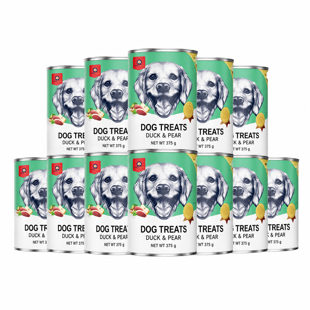 Grouped green PetFoodGearHub 375 g duck-and-pear dog food cans with Golden Retriever portraits and ingredient artwork.