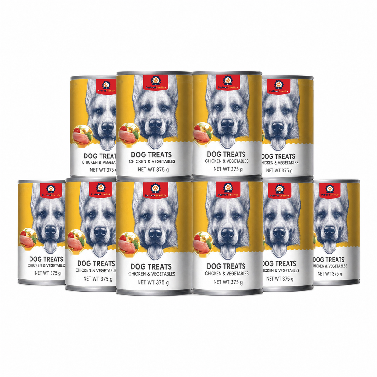 Grouped gold PetFoodGearHub 375 g chicken-and-vegetable dog food cans with German Shepherd label artwork.