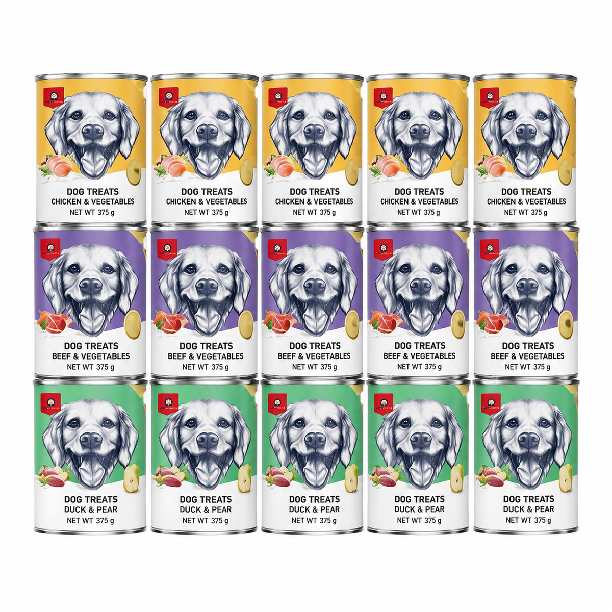 Mixed 375 g dog food cans in chicken-and-vegetable, beef-and-vegetable, and duck-and-pear Golden Retriever packaging.