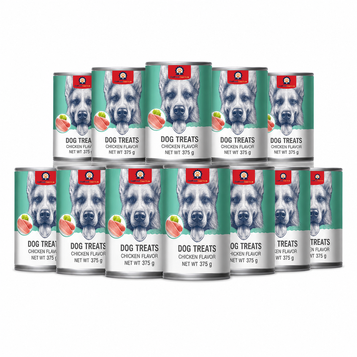 Grouped teal PetFoodGearHub 375 g chicken-flavor dog food cans with German Shepherd portraits and chicken artwork.