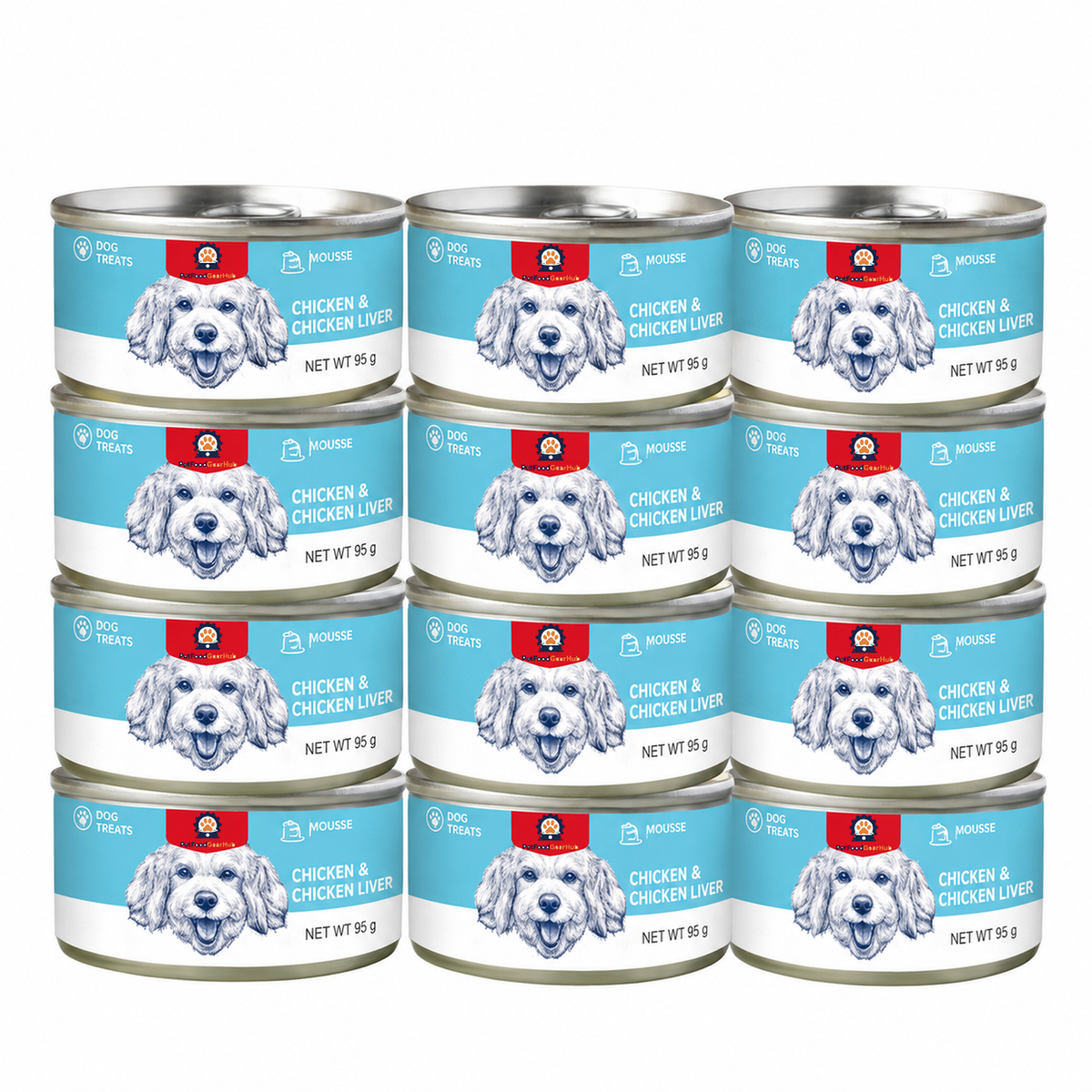 Grouped cyan 95 g chicken-and-chicken-liver mousse dog food cans with floppy-eared dog portraits.
