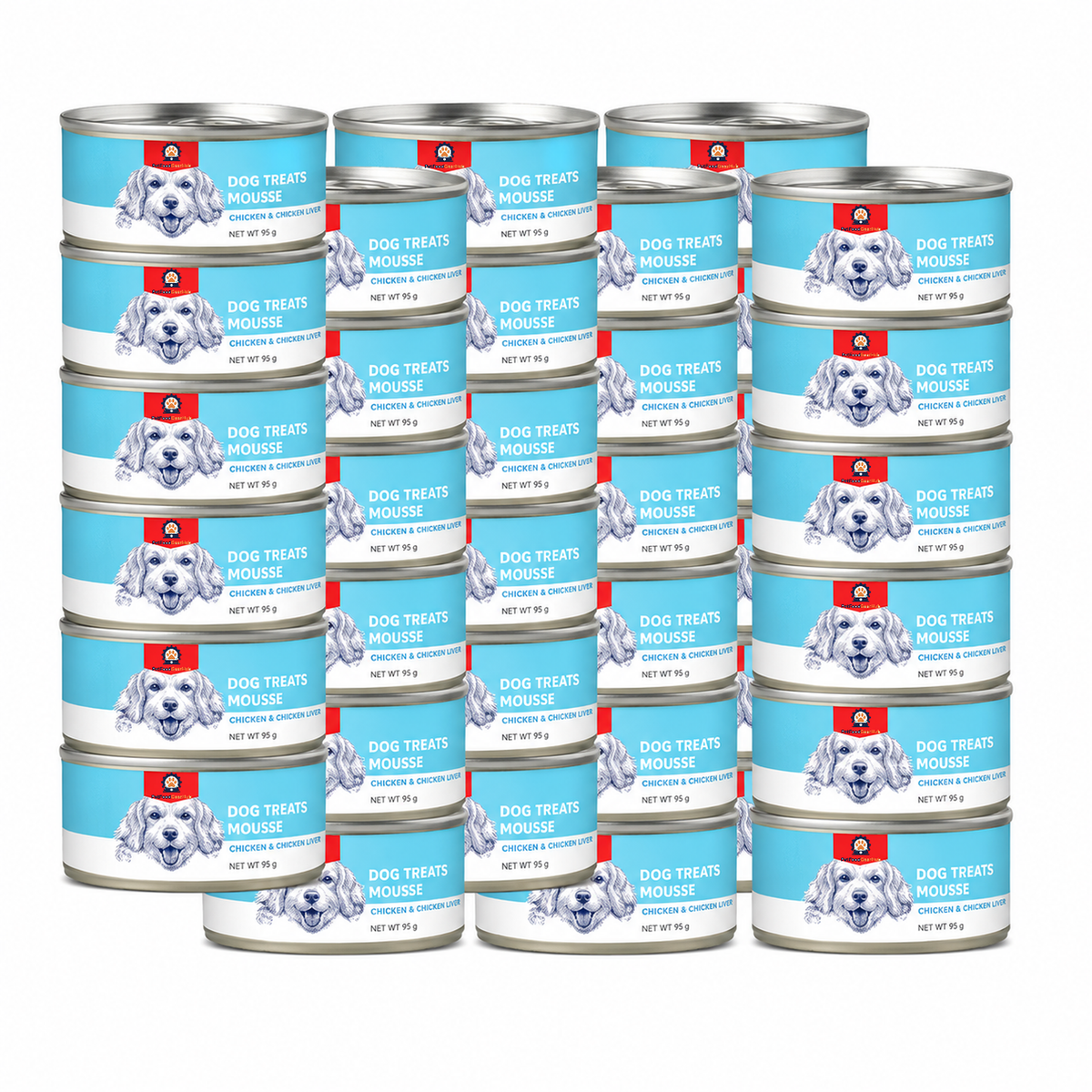 Large group of cyan 95 g chicken-and-chicken-liver mousse dog food cans with floppy-eared dog portraits.
