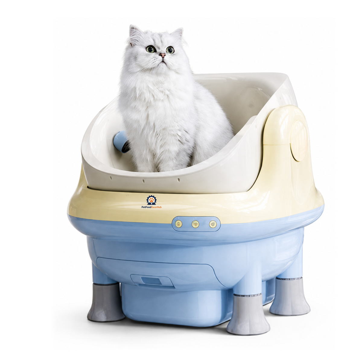 PetFoodGearHub Blue and cream open-top automatic litter box with an integrated camera on a white background