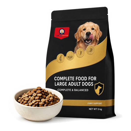 PetFoodGearHub 5 kg large-adult-dog food in a black-and-gold bag with a Golden Retriever and a bowl of kibble.