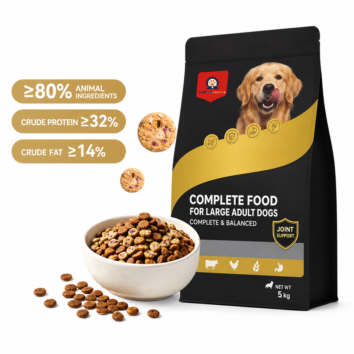 Black-and-gold 5 kg large-adult-dog food bag and kibble beside animal-ingredient, crude-protein, and crude-fat callouts.