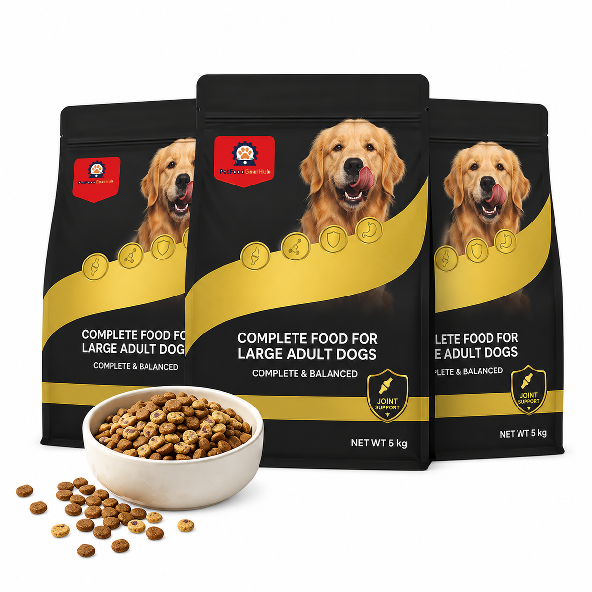 Grouped black-and-gold 5 kg bags of large-adult-dog food with Golden Retriever artwork and a bowl of kibble.