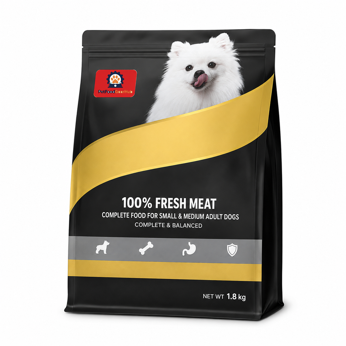 PetFoodGearHub 1.8 kg food for small and medium adult dogs in a black-and-gold bag with a white dog portrait.