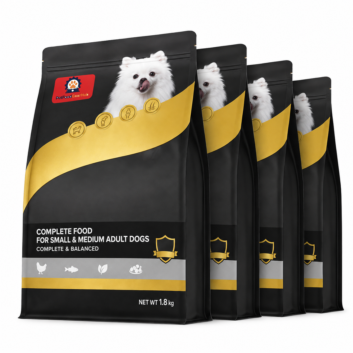 Four overlapping black-and-gold 1.8 kg bags of food for small and medium adult dogs, featuring a white dog portrait.