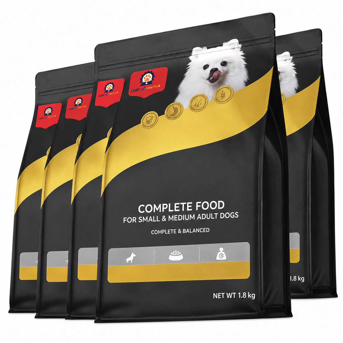 Grouped black-and-gold 1.8 kg bags of food for small and medium adult dogs with white dog portraits.