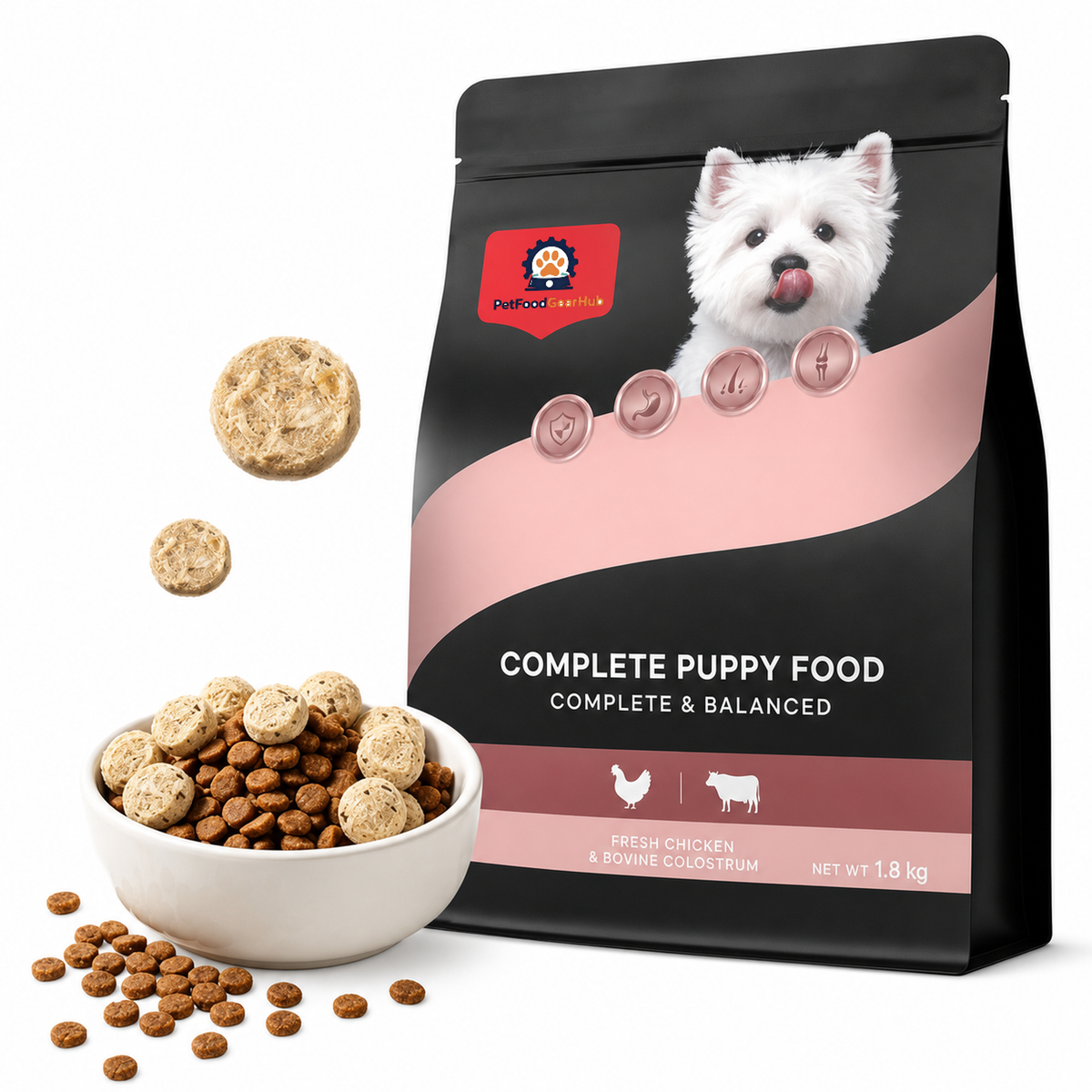 PetFoodGearHub 1.8 kg puppy food with fresh chicken and bovine colostrum, in a black-and-pink bag beside kibble.