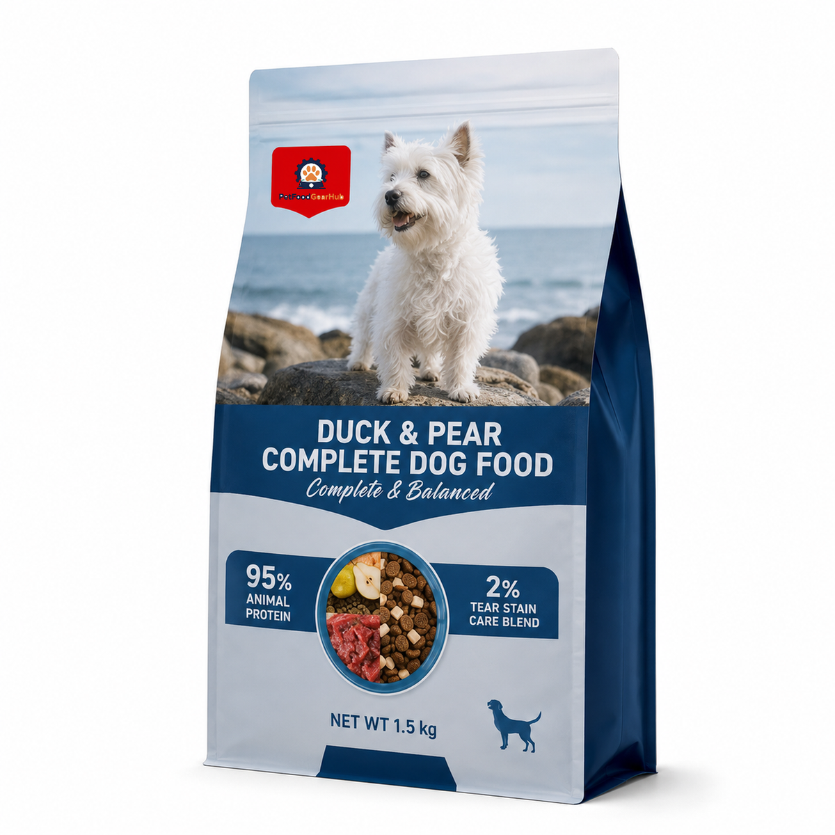PetFoodGearHub duck-and-pear dog food in a blue 1.5 kg bag with ingredient graphics and English nutrition callouts.