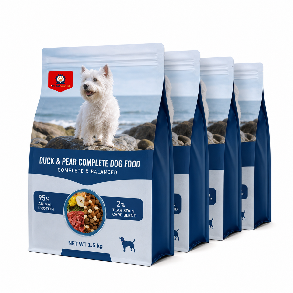 Grouped blue 1.5 kg bags of PetFoodGearHub duck-and-pear dog food with duck, pear, and food illustrations.
