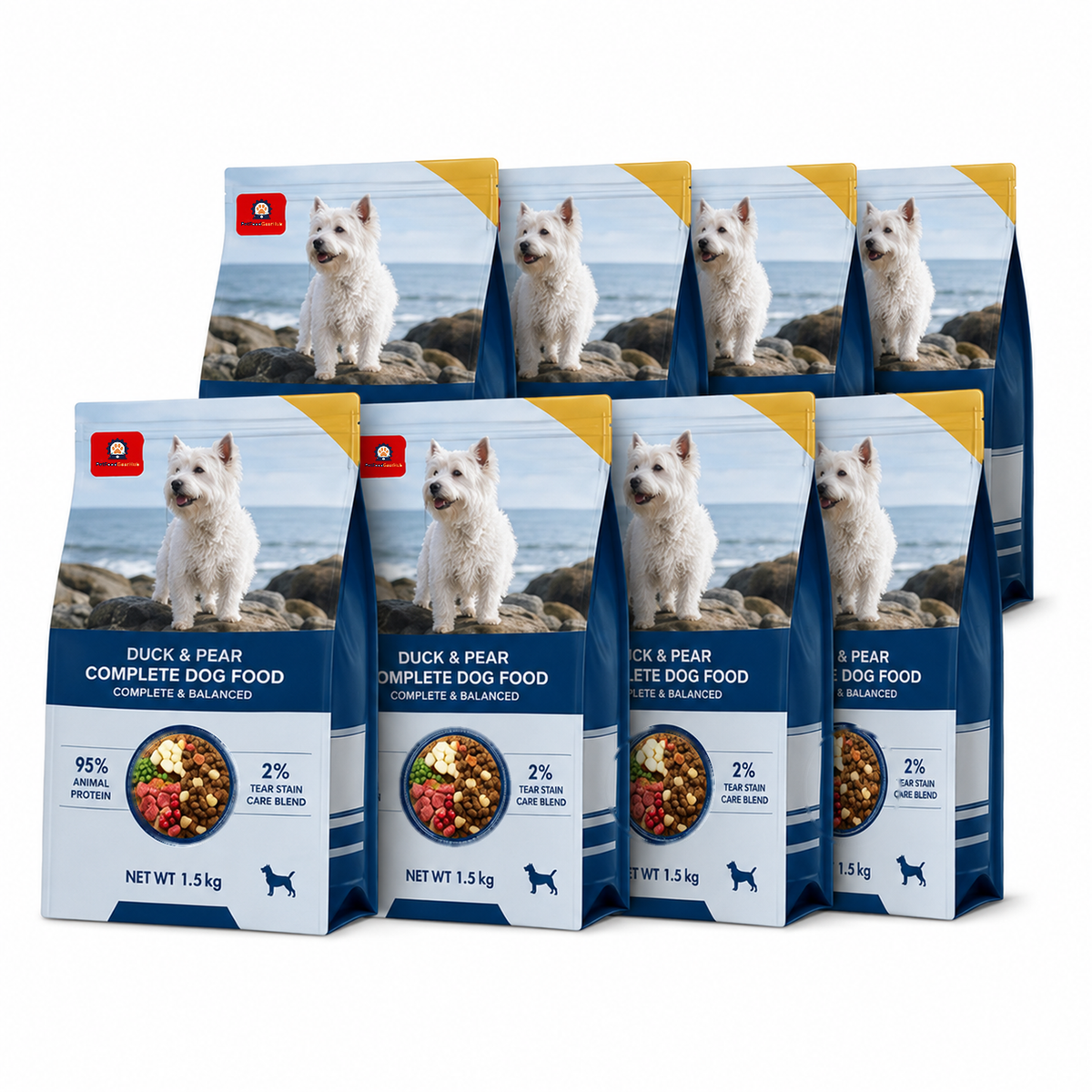 Overlapping blue 1.5 kg bags of PetFoodGearHub duck-and-pear dog food with ingredient and nutrition graphics.