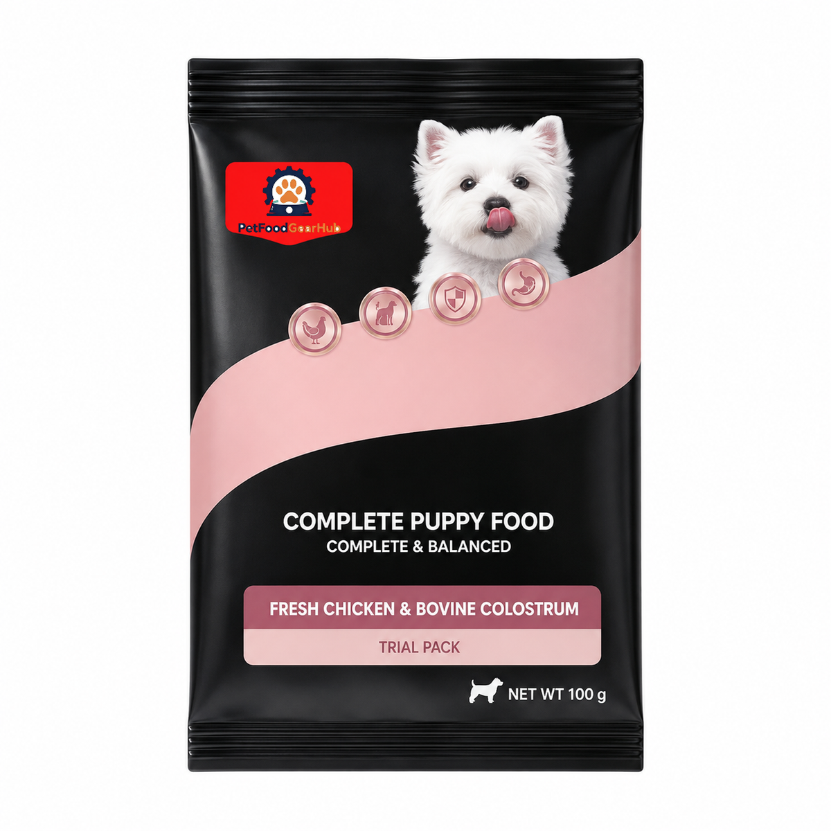 PetFoodGearHub 100 g puppy food trial pouch in black and pink, with a white dog portrait and ingredient graphics.