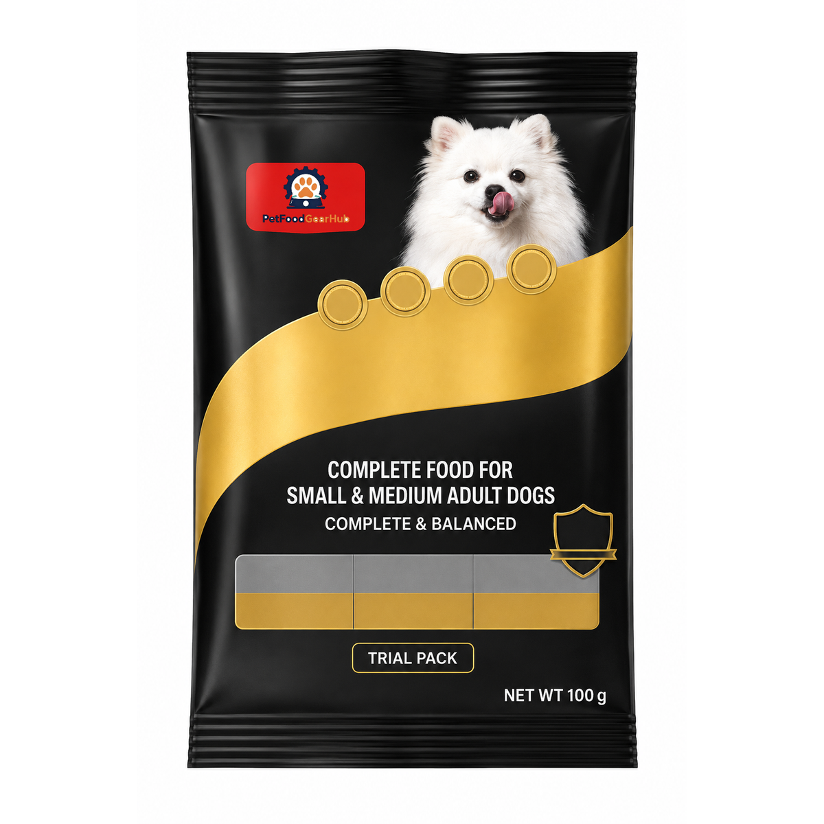 PetFoodGearHub 100 g trial pouch for small and medium adult dogs, with black-and-gold artwork and a white dog portrait.