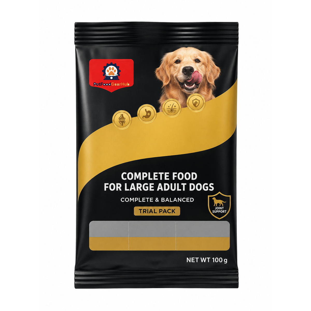 PetFoodGearHub 100 g trial pouch for large adult dogs, with black-and-gold artwork and a Golden Retriever portrait.