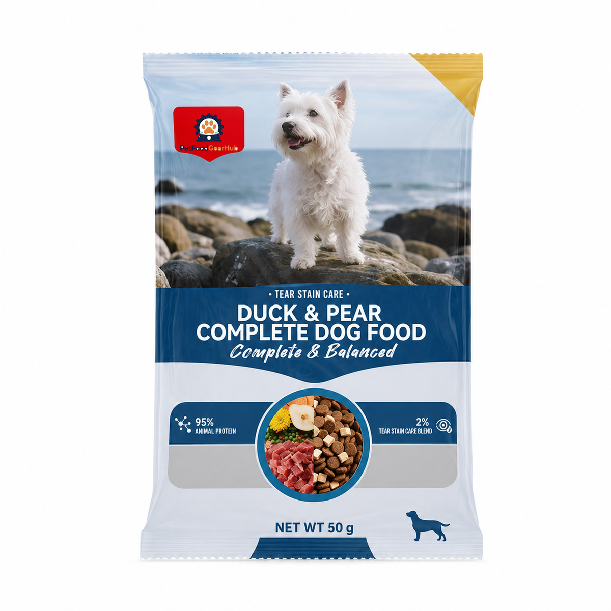 PetFoodGearHub duck-and-pear dog food in a compact blue 50 g trial pouch with ingredient illustrations.