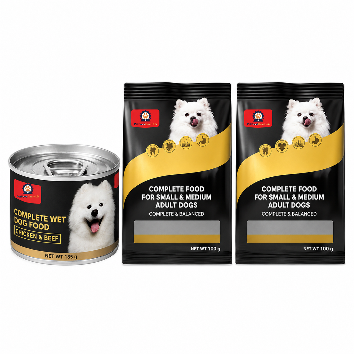 PetFoodGearHub 185 g chicken-and-beef wet food can with two black-and-gold 100 g adult dog food trial pouches.