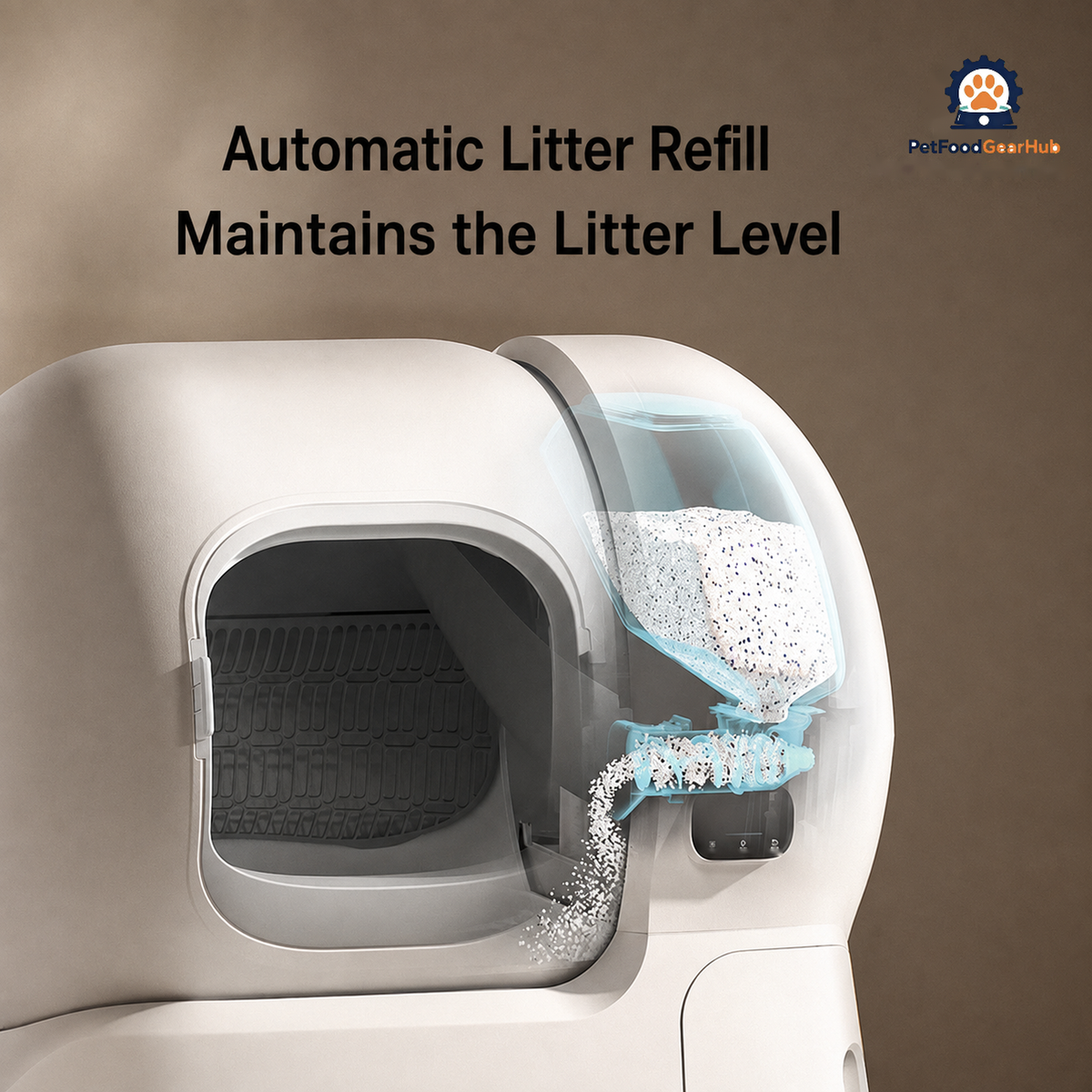 Automatic litter-refill cutaway showing granules flowing from the side hopper into the enclosed litter chamber.