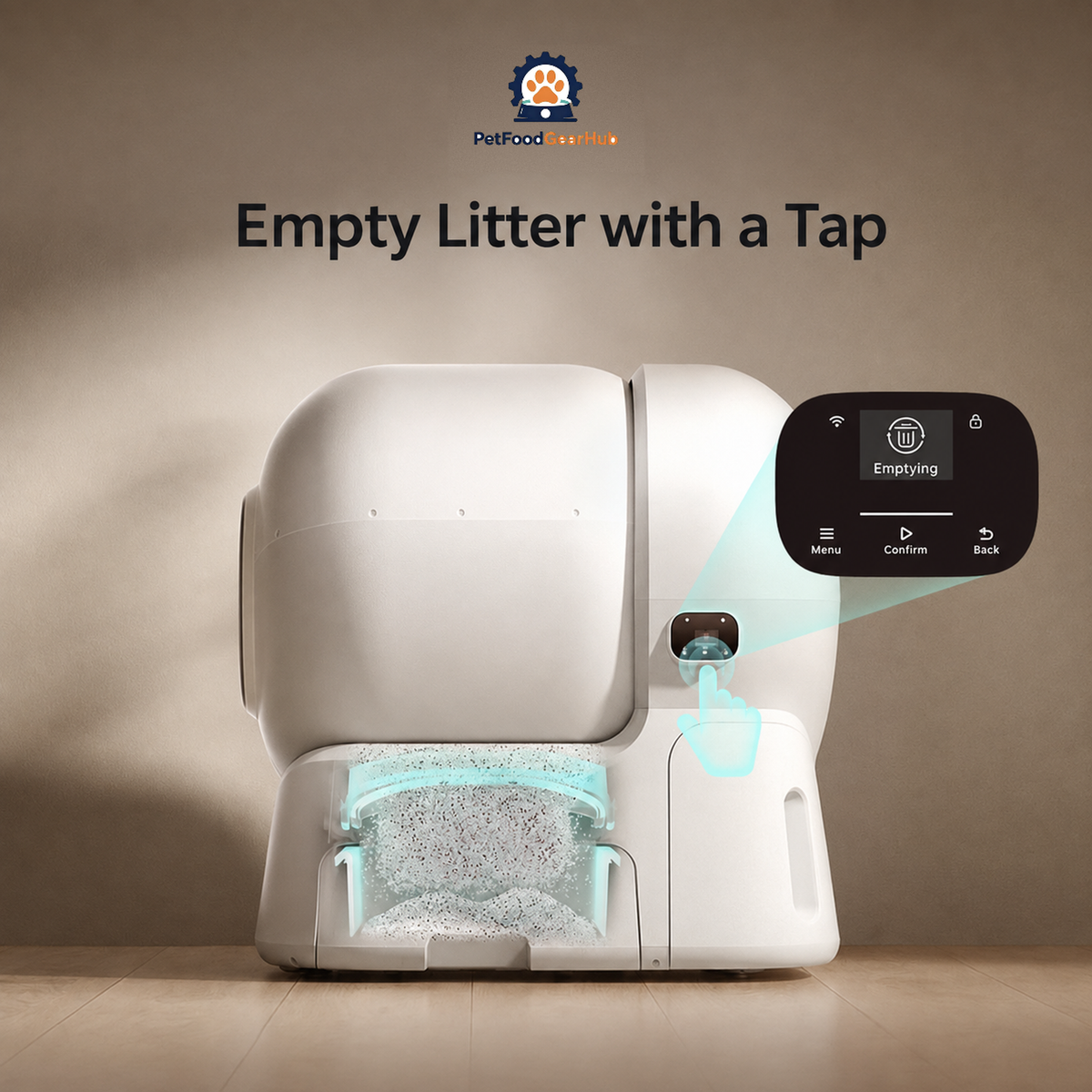 Litter-emptying diagram showing the lower waste drawer, a touch control, and an enlarged English control-screen view.