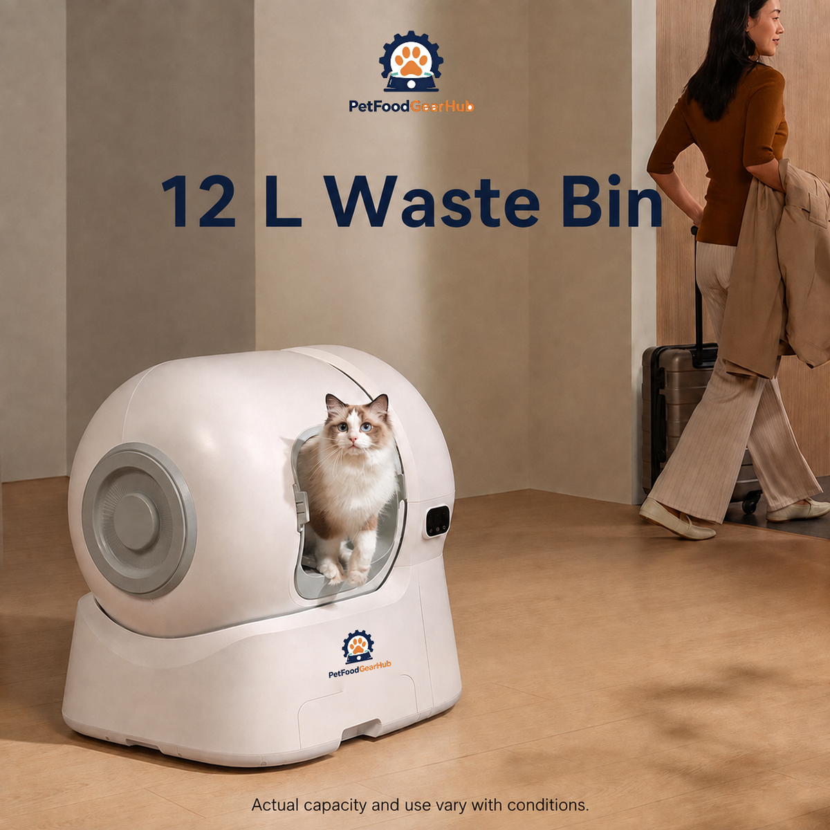Enclosed automatic litter box in a living room with a cat at the entrance and a caption identifying the 12 L waste bin.